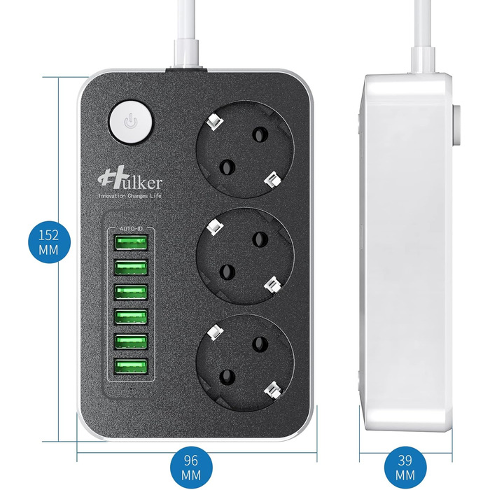Багатофункціональна мережева розетка HULKER з USB, 6 портів, захист від перенапруги, 1.6 м, універсальна
