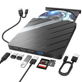 Зовнішній DVD-привід Alxum USB-C 3.0 та USB: CD/DVD плеєр і записувач для ноутбука з картридером SD/TF та додатковим USB-портом, Plug & Play, чорний