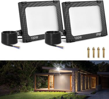 Viugreum 2 Pack 100W LED Flood Lights Outdoor 8000LM Outdoor Floodlight IP65 Outdoor Spotlight 5000K Floodlight Cold White Spotlight Floodlight with 50cm Cable for Backyard Driveway Garage Hallway