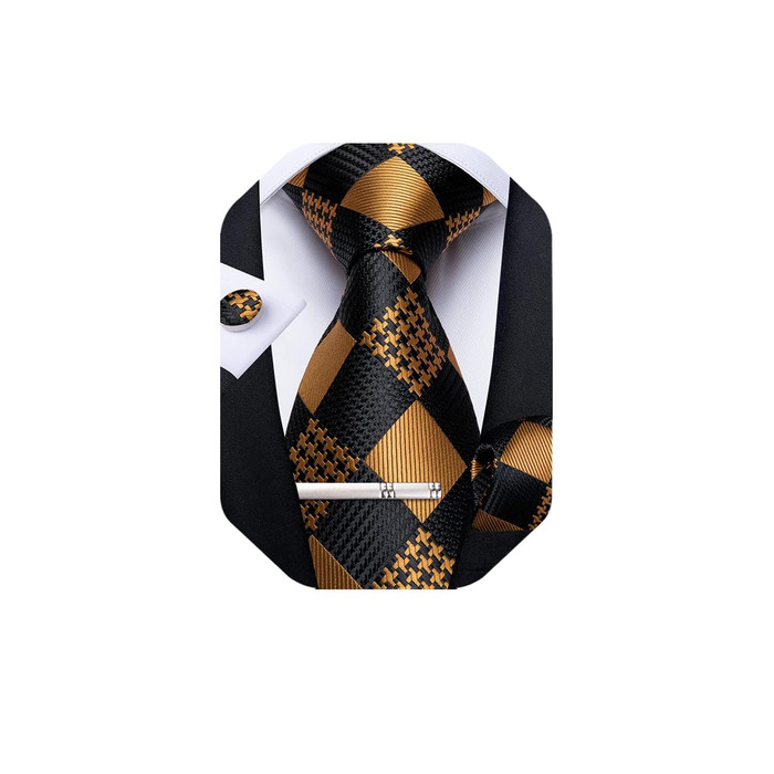 Чоловіча краватка DiBanGu з шовку, візерунок пає, квітковий принт, комплект: краватка, нагрудна хустинка, краватки-застібки, краваткова блискавка, класичний стиль, для весілля, свят, чорно-золота в клітинку