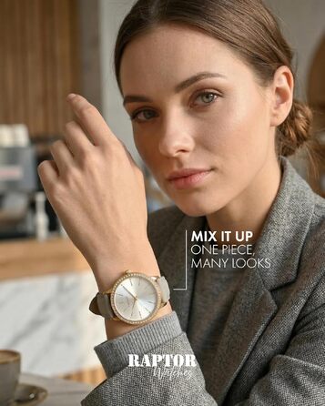 Жіночий наручний годинник Raptor у чорно-сріблястому кольорі з блискітками та шкіряним ремінцем (Taupe), елегантний стиль