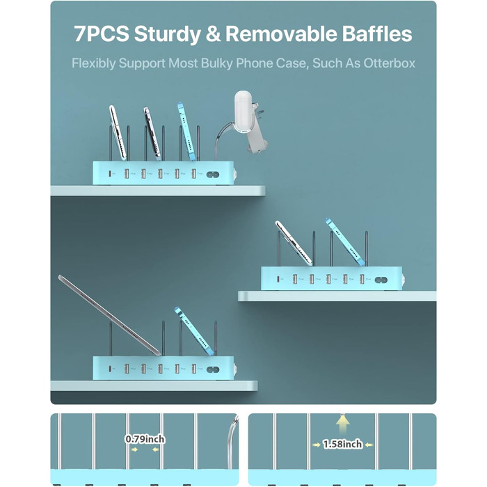 Зарядна станція SooPii USB 60W/12A, 6 портів, органайзер для декількох пристроїв з тримачем для Apple Watch, 6 кабелів (синій)
