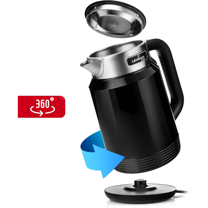 Електричний чайник LEHMANN з нержавіючої сталі 2L, 2200W, швидке нагрівання, подвійні стінки, автовимкнення та захист від перегріву, BPA-free, для великих сімей та офісів, чорний