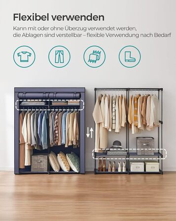 SONGMICS Storage Cabinet, Portable, with Hanging Rod, Folding, Wardrobe, Bedroom, Office, 140 x 43 x 174 cm, RYG02GY (Dark Blue)