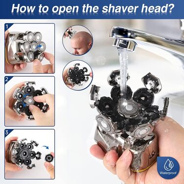 Електричний гоління для чоловіків Glatzen: 7D плаваюча головка для гоління, ротаційний гоління 6 в 1, багатофункціональний гоління для голої голови, вологостійкий, триммер для бороди, носа та вусів, набір для догляду, золотий