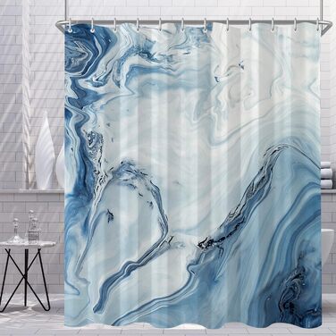 Штора для душу 180x200 см з утяжеленим краєм, антигрибкова, водовідштовхувальна, поліестер, з кільцями (Блакитний градієнт мармуру)