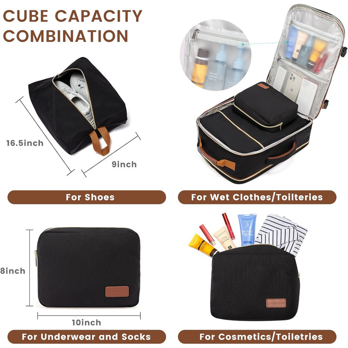 Рюкзак LOVEVOOK для ручної поклажі в літак, 40L, великий, для жінок, валіза-рюкзак, водонепроникний, для ноутбука 17 дюймів, для подорожей, бізнесу, відпочинку, хайкінгу, вихідних (L, чорний+коричневий)