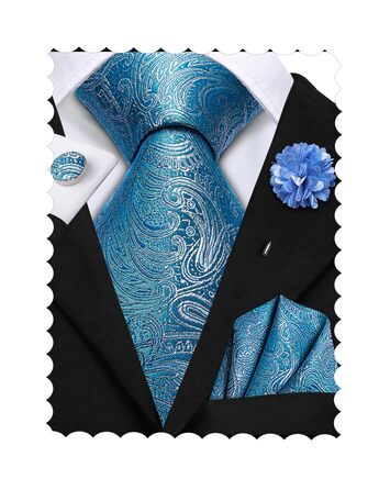 Набір краваток, нагрудних хустинок та запонок Hi-Tie: шовкова краватка для весілля та ділових зустрічей (Pfauenblau A)