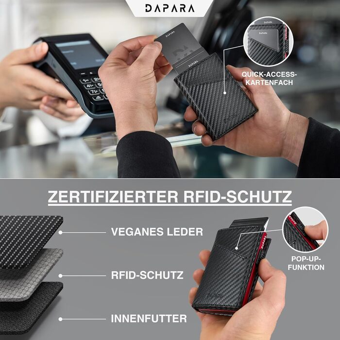 Чоловічий гаманець DAPARA: тонкий, з відділом для монет та RFID-захистом, вміщує 12 карт, карбоновий червоний колір