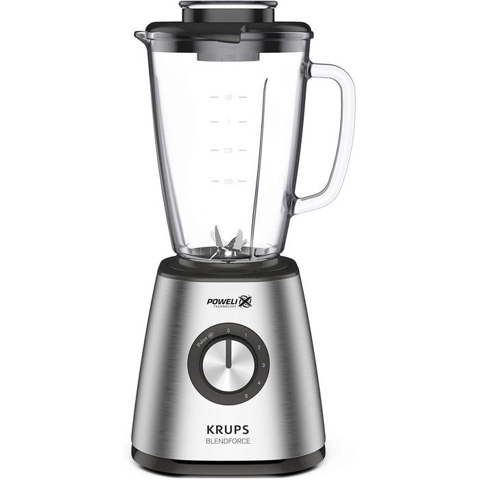 Krups KB439D Blendforce 2 Blender | 800 Watt | 5 Speeds | Pulse Function | 1.75 Liter Tritan Glass Container (Usable Volume: 1.25 Liters) | Shatterproof | Ice Crusher | Stainless Steel