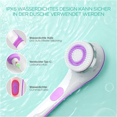 VOYOR Back Brush Shower Brush Body Brush Electric Back Scrubber with Long Handle Waterproof Rechargeable with 4 Cleaning Heads for Spa Shower Exfoliating Massage Brush BC100 (Purple)