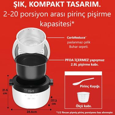 Rice Cooker and Steamer - Automatic, versatile rice cooker, steamer, and sauté/frying pan - Removable, dishwasher-safe pot (12 cups / 2.8 l) - up to 20 servings