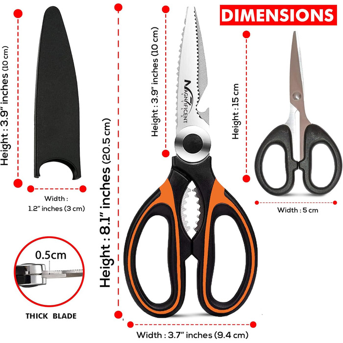 Кухонні ножиці з нержавіючої сталі з захисною кришкою та ергономічною м'якою ручкою, багатофункціональні ножиці для птиці, м'яса, трав та овочів (Помаранчеві)