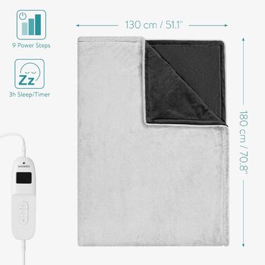 Електрична ковдра Navaris XXL з підігрівом 180x130 см, 3 режими, автовимкнення, пральна, м'яка, темно-сіра (сіра/біле штучне хутро)