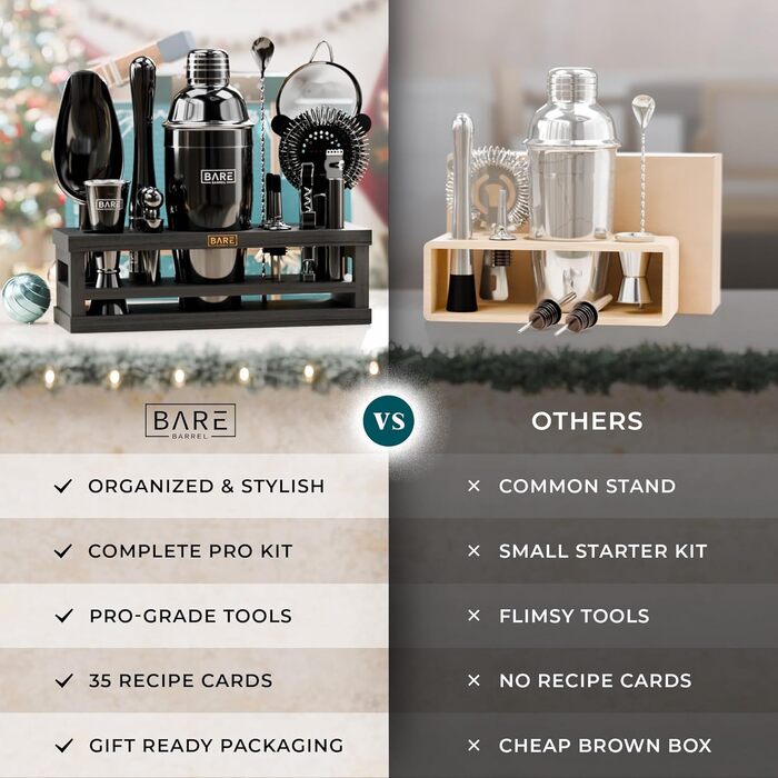 Набір бармена BARE BARREL® Mixology: 16 предметів для приготування коктейлів | Шейкер, барний аксесуар, інструменти для дому | 35 рецептів, подарунковий набір (680.4 г Cobbler Shaker, чорний)