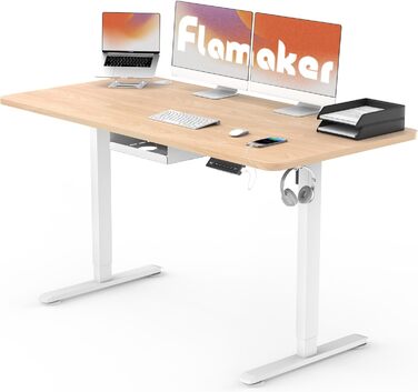 Електричний регульований стіл Flamaker 110x53 см з пам'яттю, USB зарядкою, сидяча-нагадування, бежево-білий
