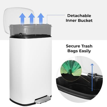 Відро для сміття LIFERUN 30л з кришкою, з м'яким закриттям, сталеве, з внутрішнім відром, для кухні, ванної кімнати, офісу