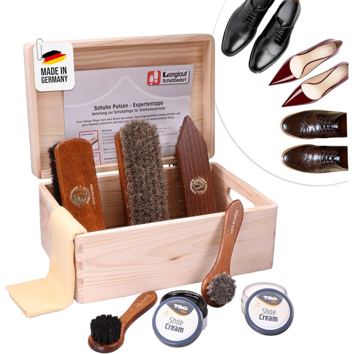 Shoe Shining Set Leather 9-Piece Shoe Shining Box Milano I Horsehair Shoe Brush - Container Brush and extra soft horsehair brush for polishing I Shoe Brush Set with horsehair, shoe care set made in Germany