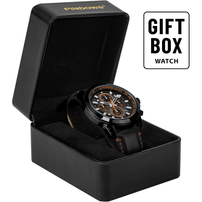 Чоловічий годинник PINDOWS з хронографом, кварцовий, аналоговий, водонепроникний, з коричнево-чорним шкіряним ремінцем, чорний корпус, чорний ремінь, помаранчевий циферблат