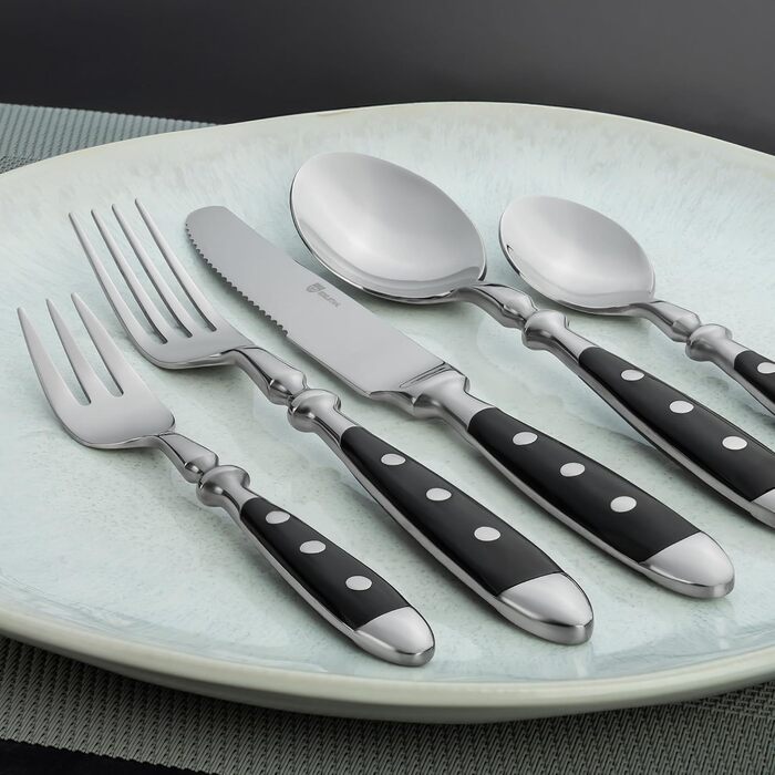 GRÄWE Stainless Steel Cutlery Set for 6 People, Heavy, Rustic, 30-Piece Table Cutlery Set, Forged Cutlery with Black Handles - Nuremberg Series 30-Piece | 6 People