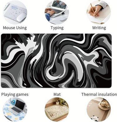 Великий килимок для столу 800x400 мм - ігровий килимок для миші з прошитими краями, неслизька підкладка, килимок для клавіатури та миші Black & White Abstraction