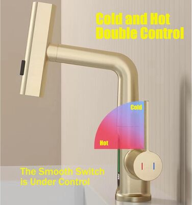 Кухонний змішувач з витяжною лійкою, 3 режими, LED-індикатор температури, поворотний на 360°, для кухні, золотий