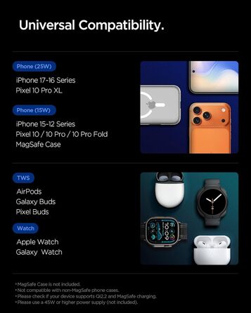 Зарядна станція Spigen Essential Qi2.2 25W 3-в-1 MagSafe для iPhone 17/16 Pro Max, Pixel 10 Pro, AirPods, Samsung Galaxy S26 Ultra - Чорна + USB-C кабель 2м