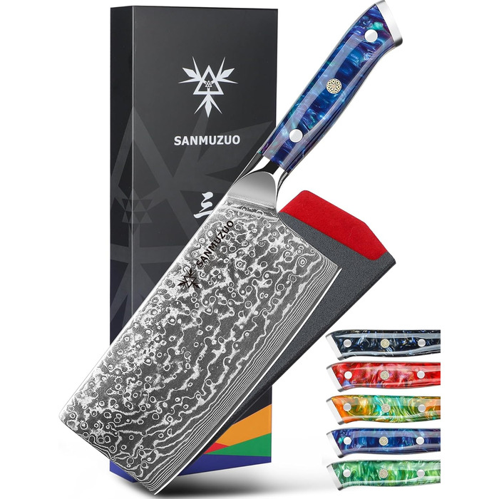 SANMUZUO Nakiri Messer 19 см - професійний ніж шеф-кухаря Дамаск, серія Xuan, VG10 сталь, ручка з гірської смоли (Dream Orange)