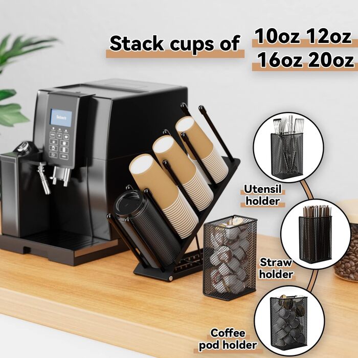 Ovicar Cup and Lid Holder – Adjustable Coffee Cup Holder, Organizer, 4 Compartments, Disposable Cup Dispenser with Coffee Capsule Straws, Storage Basket for Coffee Station, Bar, Countertop