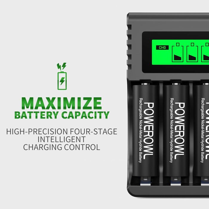 Зарядний пристрій POWEROWL з 8 акумуляторами: 4xAA 2800mAh + 4xAAA 1000mAh Ni-MH для швидкої зарядки
