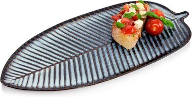 Singer | Tokio Serving Platter, Stoneware Serving Plate in Leaf Design, Oval Plate for Meat, Fish, and Snacks, Dishwasher Safe, Blue Snack Plate with Black Accents | PREMIUM COLLECTION