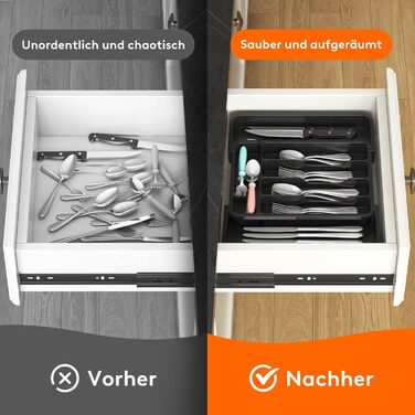 Lifewit 2 Pack Cutlery Box, Adjustable Width from 23 to 37 cm Cutlery Insert for Drawers, 5 to 7 Compartments Drawer Cutlery Organizer for Kitchen, Small Cutlery Holder for Spoons/Forks, Black