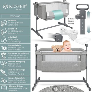 KESSER® Hubi 3in1 Bedside Bed, Travel Bed, Baby Bed with Soft Mattress, Mobile Bed, 5-Level Height Adjustment, Foldable Side Rail for Home and On the Go, Light Grey