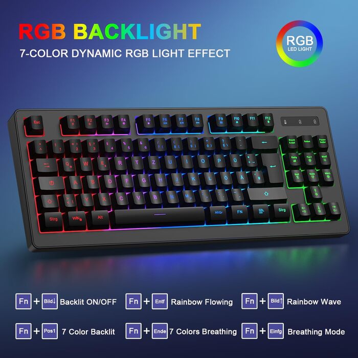 Бездротовий ігровий набір клавіатури та миші, DE Layout QWERTZ, RGB підсвічування, ергономічна миша, компактна клавіатура для PC, Mac, Xbox, PS5