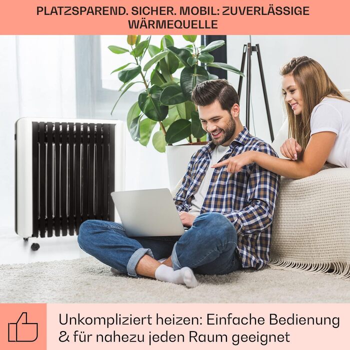 Електричний масляний радіатор Klarstein Thermaxx 2500 - опалення, 2500 Вт, 5-35°C, LED-дисплей, таймер, ролики, білий/чорний