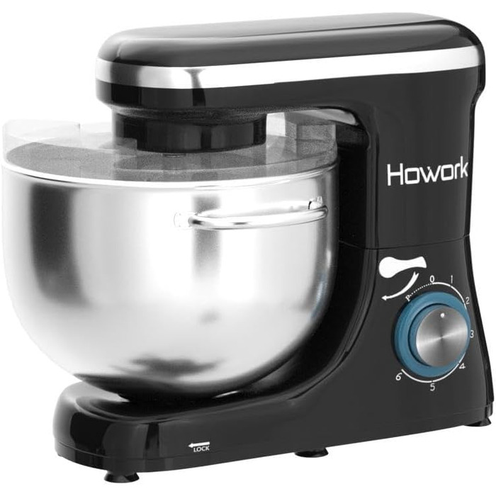 Кухонна машина Howork Knetmaschine: потужна 1500W, 8L, нахильна чаша, 6 швидкостей, міксер, гак для тіста, сплітштор, чорний
