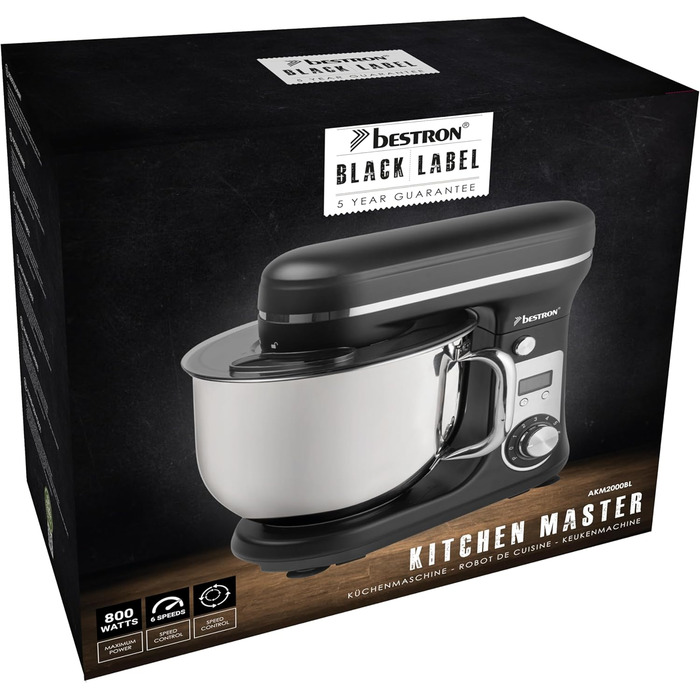 Кухонна машина Bestron Super Silent (65db) з DC-двигуном, 6 літрів, з набором насадок (крюк, вінчик, гак для тіста), 6 швидкостей + Pulse, матова чорна