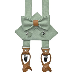 Набір чоловічих аксесуарів Leinen: краватка-метелик зі шкіри, підтяжки зі шкіри, нагрудна хустка, запонки - світло-зелений