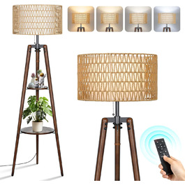 LED торшер Outon з трьома ніжками, регульована яскравість, полиця, пульт дистанційного керування, 4 режими кольору, таймер, 2 плафона, для вітальні/спальні (волоський горіх)