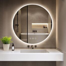 Круглий дзеркало для ванної кімнати з підсвічуванням, 80 см, 3 кольори світла, диммування, антизапар, сенсорне управління, функція пам'яті, LED, енергозбереження