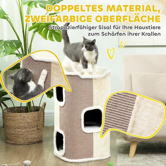 Кігтеточка PawHut 74 см, триповерхова кімната для котів з подушкою, плюшевим бордюром, кігтеточка для кошенят, бежево-білий колір