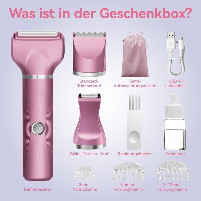Електричний жіночий набір для гоління: багатофункціональний, для тіла, зони бікіні, USB-C, з чохлом (Рожевий)