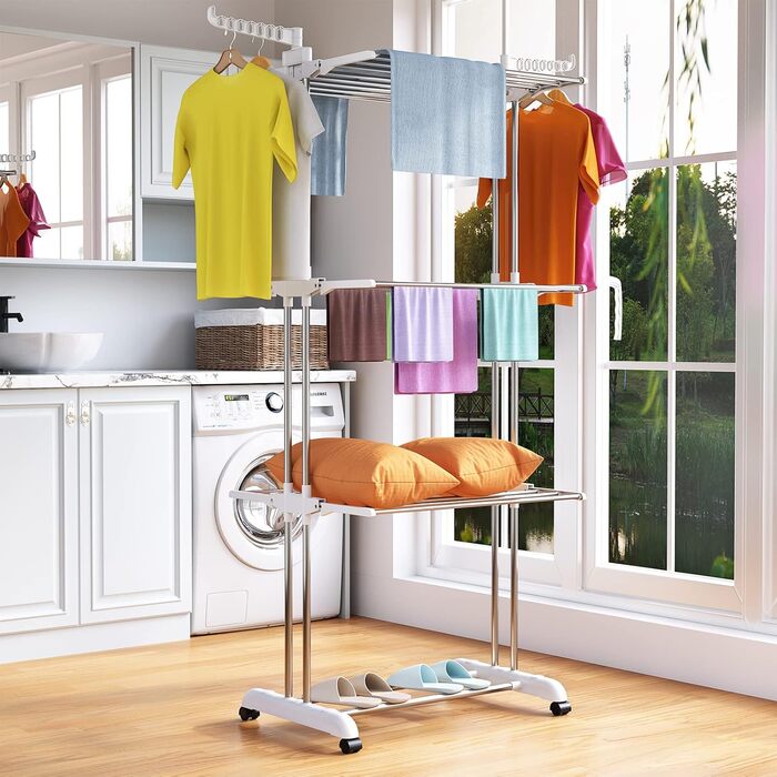 Foldable stainless steel clothes rack with wheels, portable, for indoor and outdoor use, white/gray