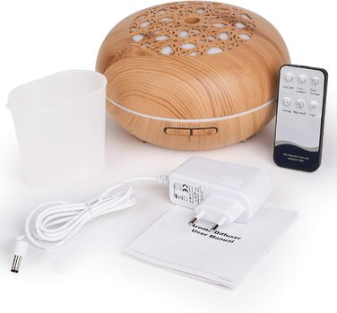 Аромадифузор WD&CD 550 мл з пультом, ультразвуковий зволожувач повітря, дифузор для ефірних олій з 7 кольорами LED, автоматичне відключення, білий (з імітацією текстури дерева)