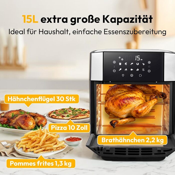 Фритюрниця повітряна 15л, мультифурна з конвекцією 1800W, 10 в 1, з нержавіючої сталі, чорно-срібна