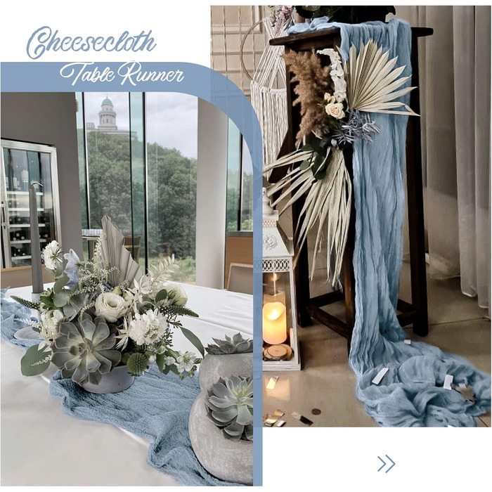 Showgeous 6-Piece Cheesecloth Table Runner Dusty Blue, 90 x 300 cm Table Runner Boho Style Rustic Gauze Fabric Table Decoration for Vintage Wedding, Birthdays, Baby Shower, Holiday Party