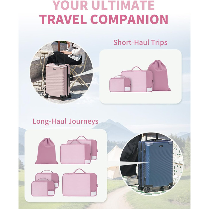 ECOHUB Органайзер для валізи, набір 6 шт. з ID-міткою, еко-пакувальні куби, легкі дорожні сумки, органайзер для рюкзака, патендована модель (Темно-рожевий)