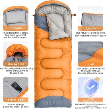 Сплячий мішок BISINNA 4 сезони, 1.9 кг, водонепроникний, для дорослих, кемпінг, туризм, поход