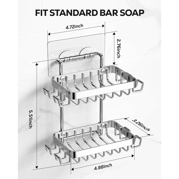 Підставка для мила Nieifi з двома ярусами та зливом, нержавіюча сталь, без свердління, для душової кабіни та ванної кімнати (срібляста)