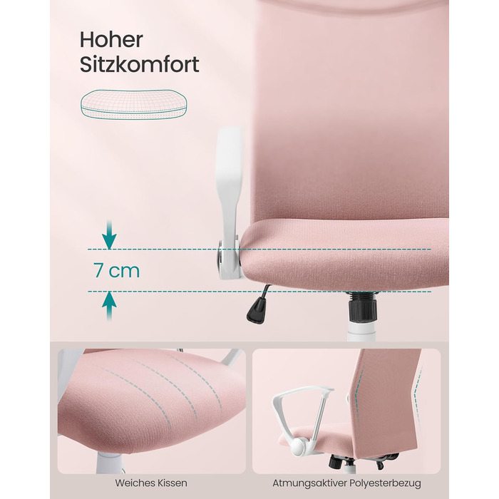 Офісний стілець SONGMICS, ергономічний, регульований, до 100 кг, Bonbonrosa (рожевий)